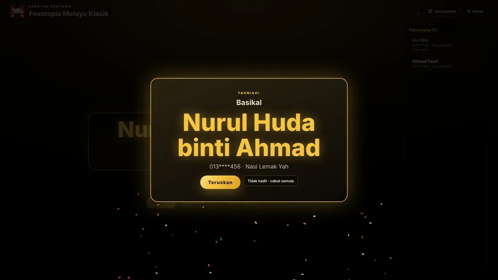 Skrin cabutan bertuah memaparkan pemenang